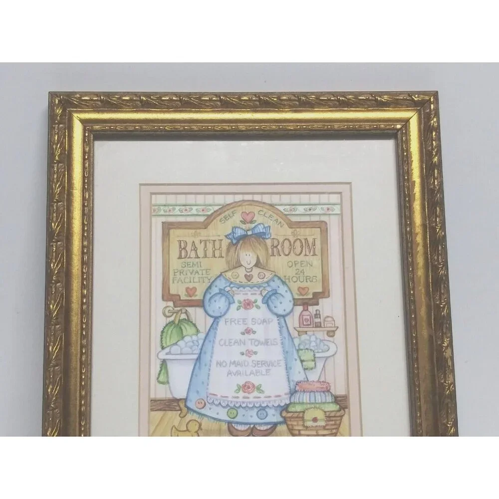 Debra Jordan Bryan Bathroom Angel Framed Matted Print gold ornate frame 11.75 in